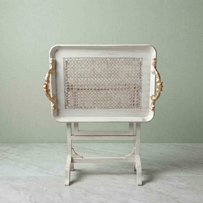 Antique White Tray Table – Woven Cane Design