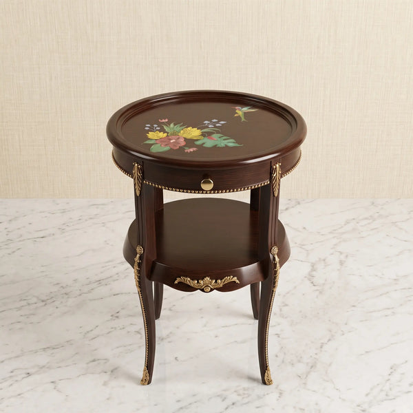 Mahogany Round Side Table – Floral & Hummingbird Design