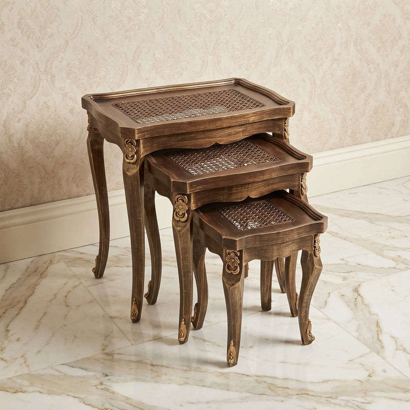 Golden Carved Nesting Tables – Cane Rattan Design