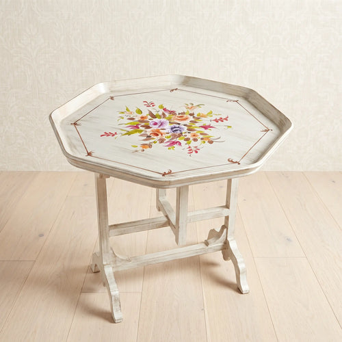Antique White Octagonal Tray Table – Multicolor Floral Design