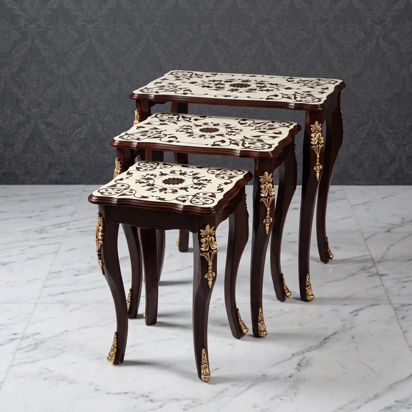 Ivory & Mahogany Nesting Tables – Floral Medallion Design