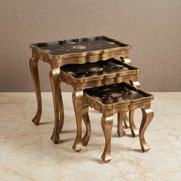 Distressed Black Nesting Tables – Soft Floral Design