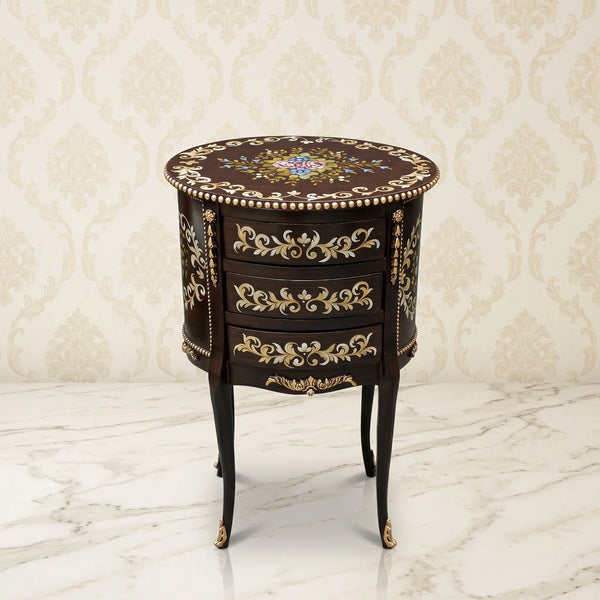 Deep Espresso Oval Table – Floral Bouquet & Gold Vine Design