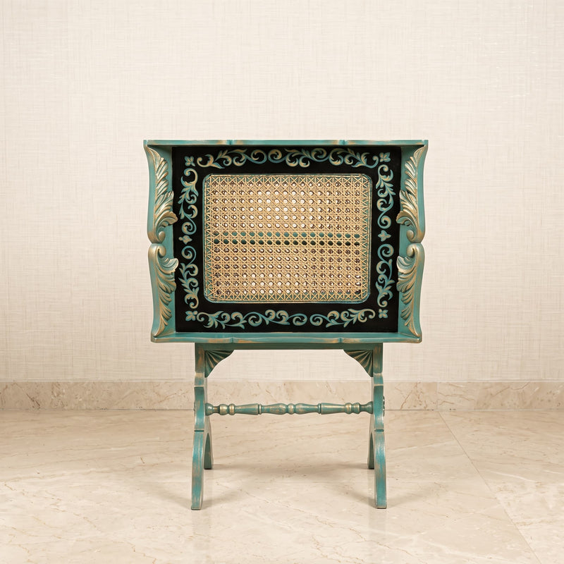 Weathered Teal Tray Table – Woven Cane Design