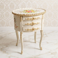 Antique White Oval Side Table – Multicolor Floral Bouquet Design