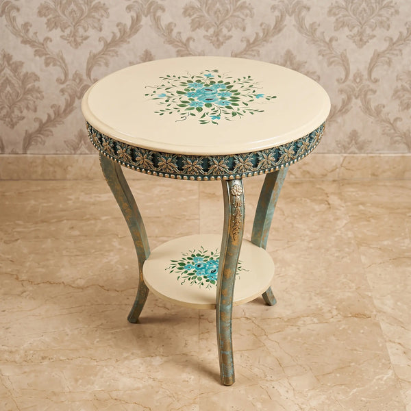 Vintage Teal & Ivory Round Table – Floral Bouquet Design
