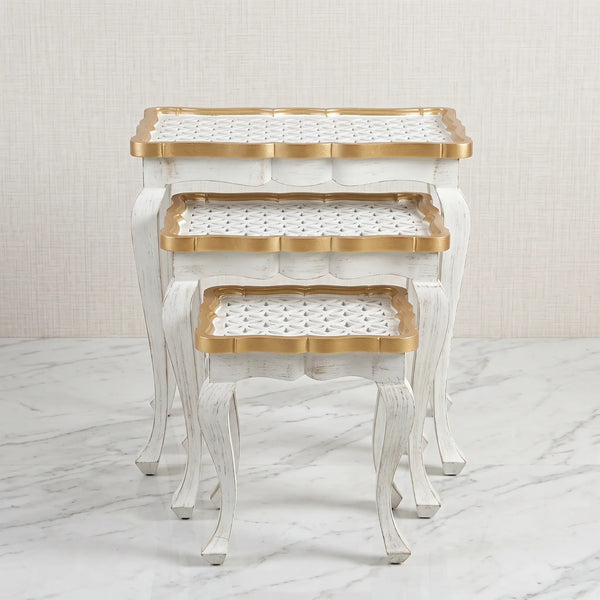 White Carved Nesting Tables – Lattice Fretwork Design