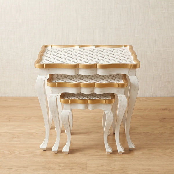 White Carved Nesting Tables – Lattice Fretwork Design