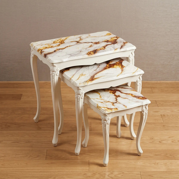 Marble-Finish Nesting Tables – Red & Gold Veining Design