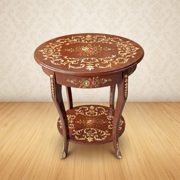 Oval Wooden Side Table – Hand-Painted Scroll & Floral Design