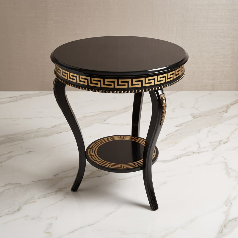 Black & Gold Round Accent Table – Greek Key Design