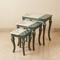 Green & White Nesting Tables – Hummingbird & Tropical Floral Design