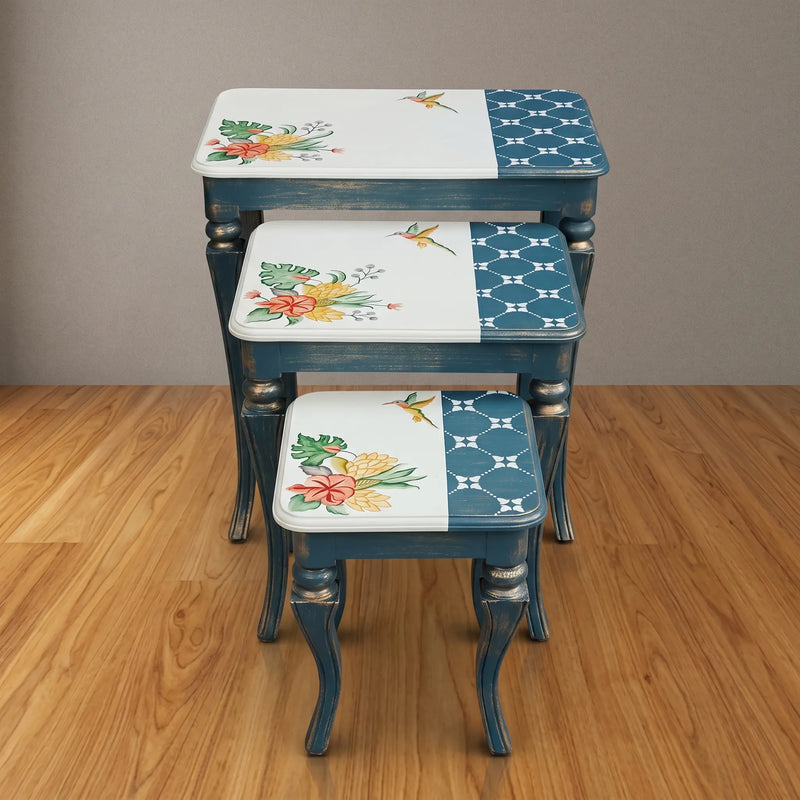 Coastal Blue Hand-Painted Nesting Tables – Floral & Hummingbird Design