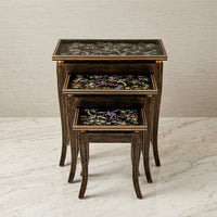 Dark Wood Nesting Tables – Hand-Painted Floral & Bird Glass Top