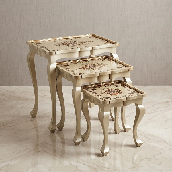 Sage-Grey Nesting Tables – Hand-Painted Floral Scroll Design