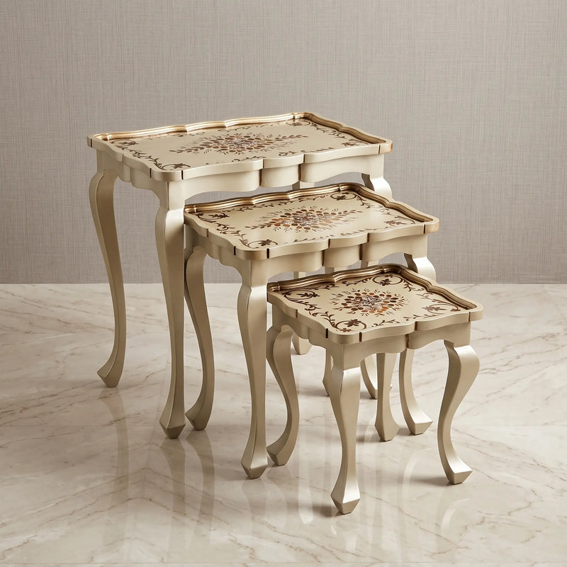 Sage-Grey Nesting Tables – Hand-Painted Floral Scroll Design