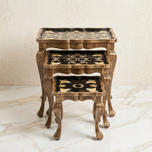 Oriental Black & Gold Nesting Tables – Crane & Floral Design