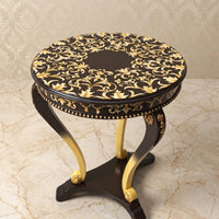 Dark Baroque Round Table – Gold Scroll Pattern Design