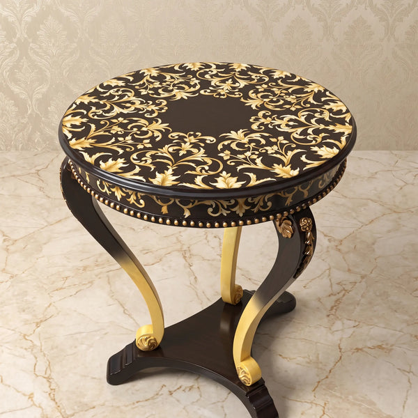Dark Baroque Round Table – Gold Scroll Pattern Design