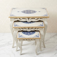 Antique White Nesting Tables – Blue Floral Medallion Design