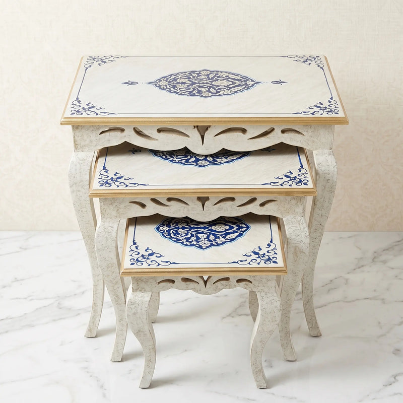Antique White Nesting Tables – Blue Floral Medallion Design