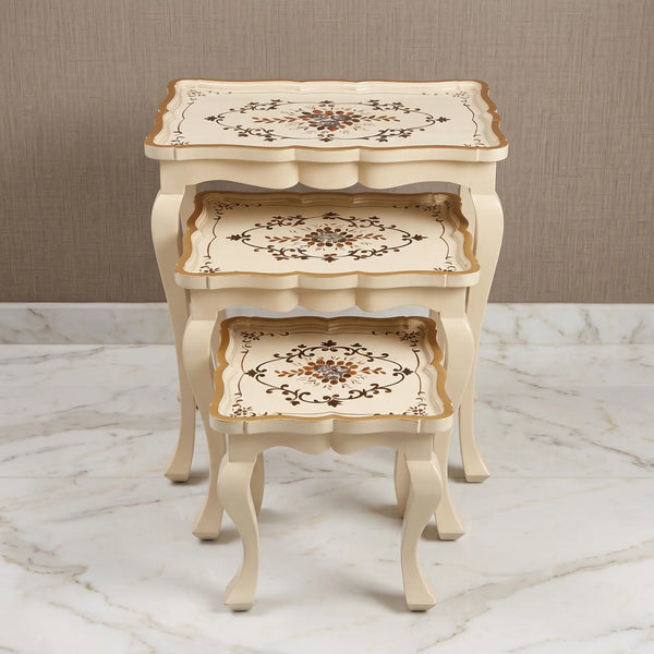 Ivory & Gold Scalloped Nesting Tables – Floral Scroll Design