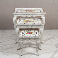 White Scalloped Nesting Tables – Floral Scroll Design