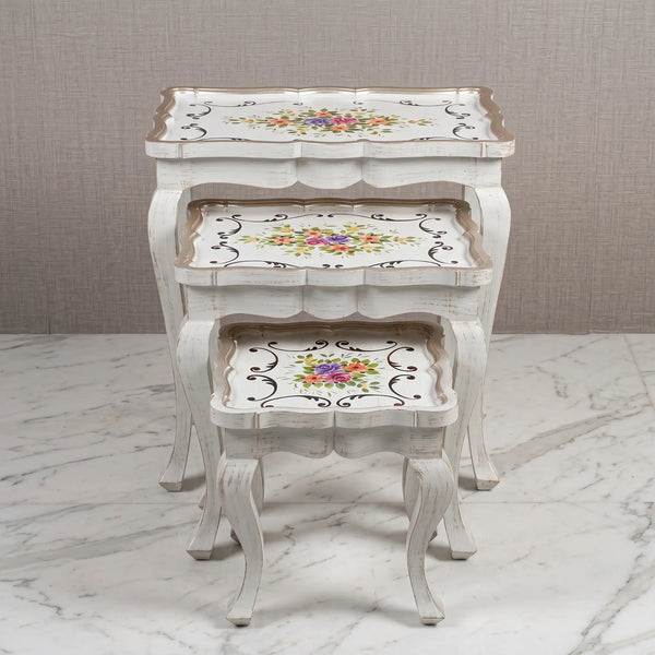 White Scalloped Nesting Tables – Floral Scroll Design