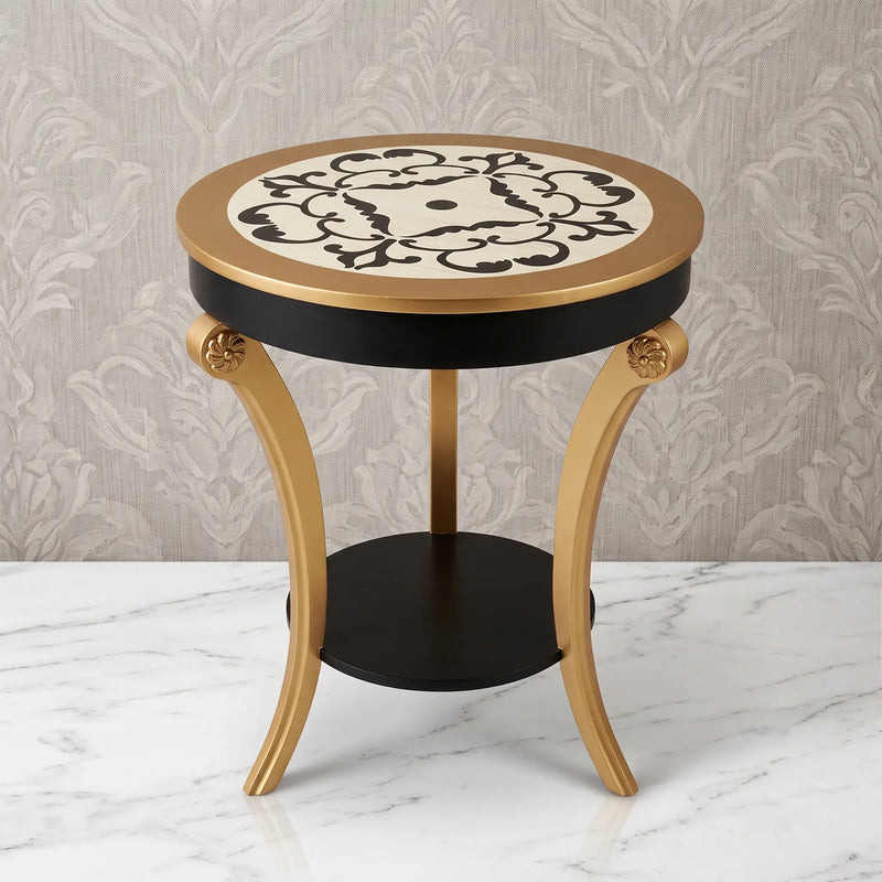 Gold & Black Round Table – Ivory Scroll Center Design