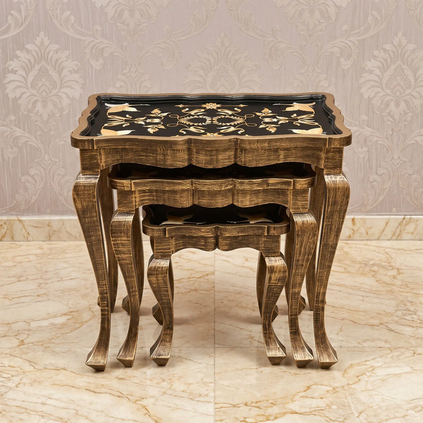 Oriental Black & Gold Nesting Tables – Crane & Floral Design