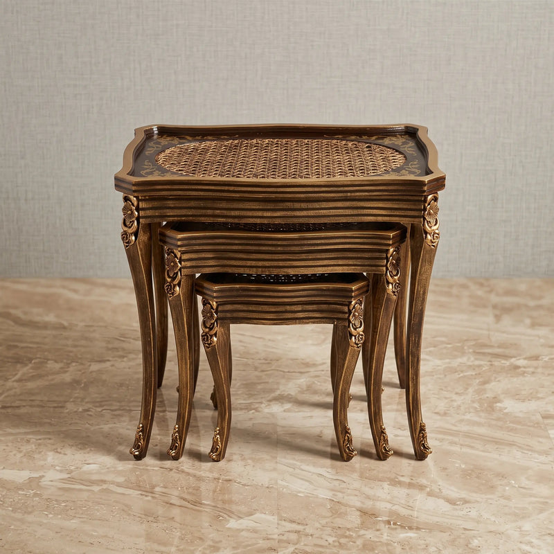 Ornate Gold Nesting Tables – Cane Rattan & Floral Design
