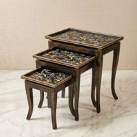 Dark Wood Nesting Tables – Hand-Painted Floral & Bird Glass Top