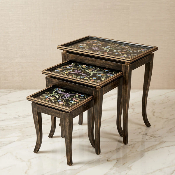 Dark Wood Nesting Tables – Hand-Painted Floral & Bird Glass Top