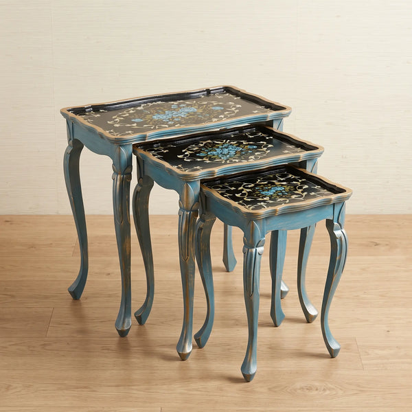 Distressed Powder Blue Nesting Tables – Turquoise Floral Design