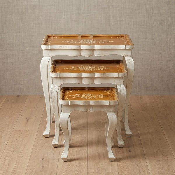 Rustic White Nesting Tables – Amber Wood Grain Floral Top