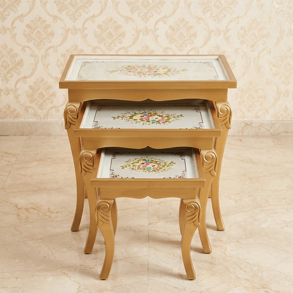 Glam Gold Nesting Tables – Multicolor Floral Design