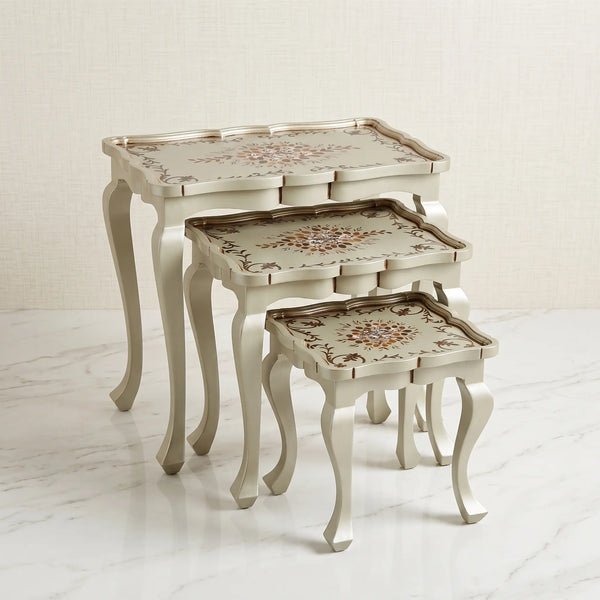 Sage-Grey Nesting Tables – Hand-Painted Floral Scroll Design