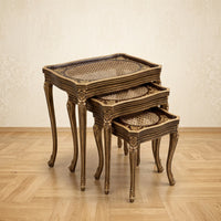 Ornate Gold Nesting Tables – Cane Rattan & Floral Design