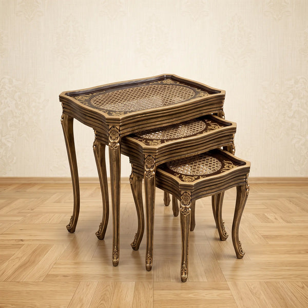 Ornate Gold Nesting Tables – Cane Rattan & Floral Design