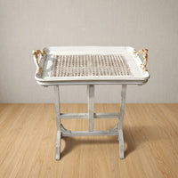Antique White Tray Table – Woven Cane Design