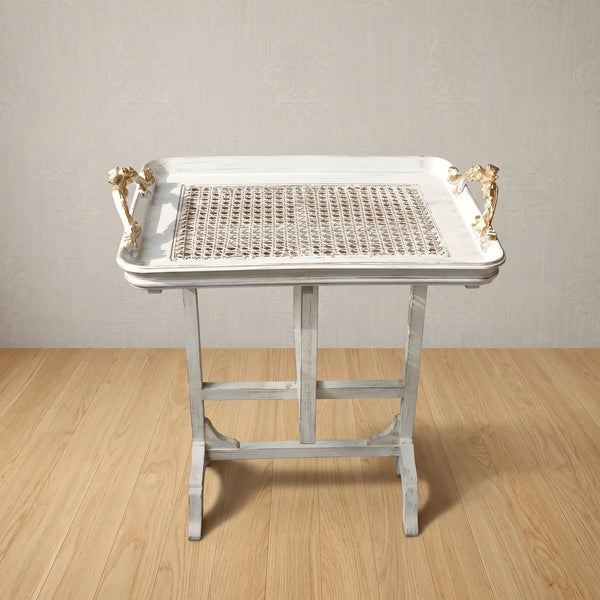 Antique White Tray Table – Woven Cane Design