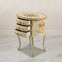 Antique White Oval Side Table – Multicolor Floral Bouquet Design
