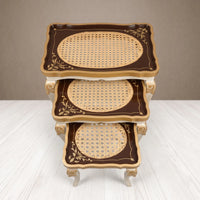 Classic White & Gold Nesting Tables – Woven Cane Rattan Design
