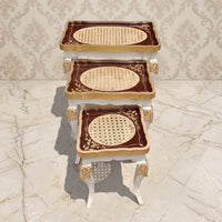 Classic White & Gold Nesting Tables – Woven Cane Rattan Design