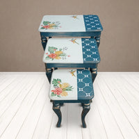 Coastal Blue Hand-Painted Nesting Tables – Floral & Hummingbird Design