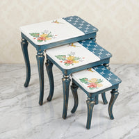 Coastal Blue Hand-Painted Nesting Tables – Floral & Hummingbird Design