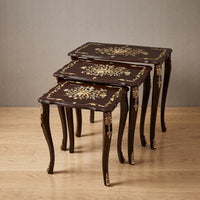 Dark Mahogany Nesting Tables – Gold Floral Inlay Design