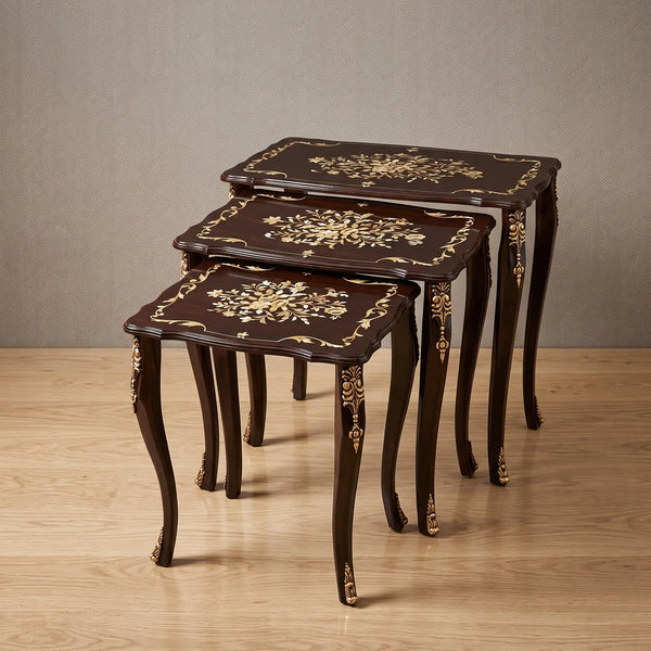 Dark Mahogany Nesting Tables – Gold Floral Inlay Design