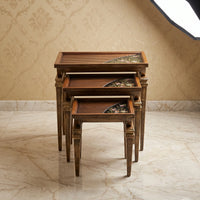 Honey-Brown Slatted Nesting Tables – Floral Corner Accent