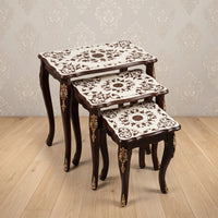 Ivory & Mahogany Nesting Tables – Floral Medallion Design